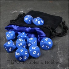 NEW 10 D10 BLUE RPG Game Dice Set & Velvet Bag Satin Lined D10s Ten Sided 