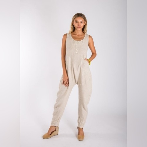 CLAUDIO MILANO BASIC LINEN 100% NATURAL ITALIAN STYLE DROP CROTCH JUMPSUIT Sz S