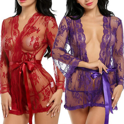 Women's Sexy-Lingerie Lace Sheer Kimono Robe Teddy Babydoll Sleepwear Chemise US