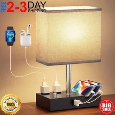 Fully Dimmable Table Lamp Bedside Lamp with 2 USB Ports 2 Outlets 2 Phone Stands