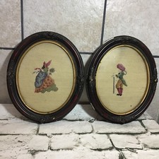 Antique Finished Framed Needlepoint Cross Stitch Oval Pictures Courting Couple