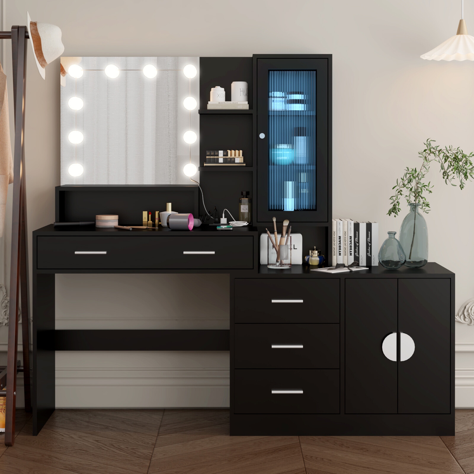Large Makeup Vanity with Lights Charging Station Mirror and Storage Drawers