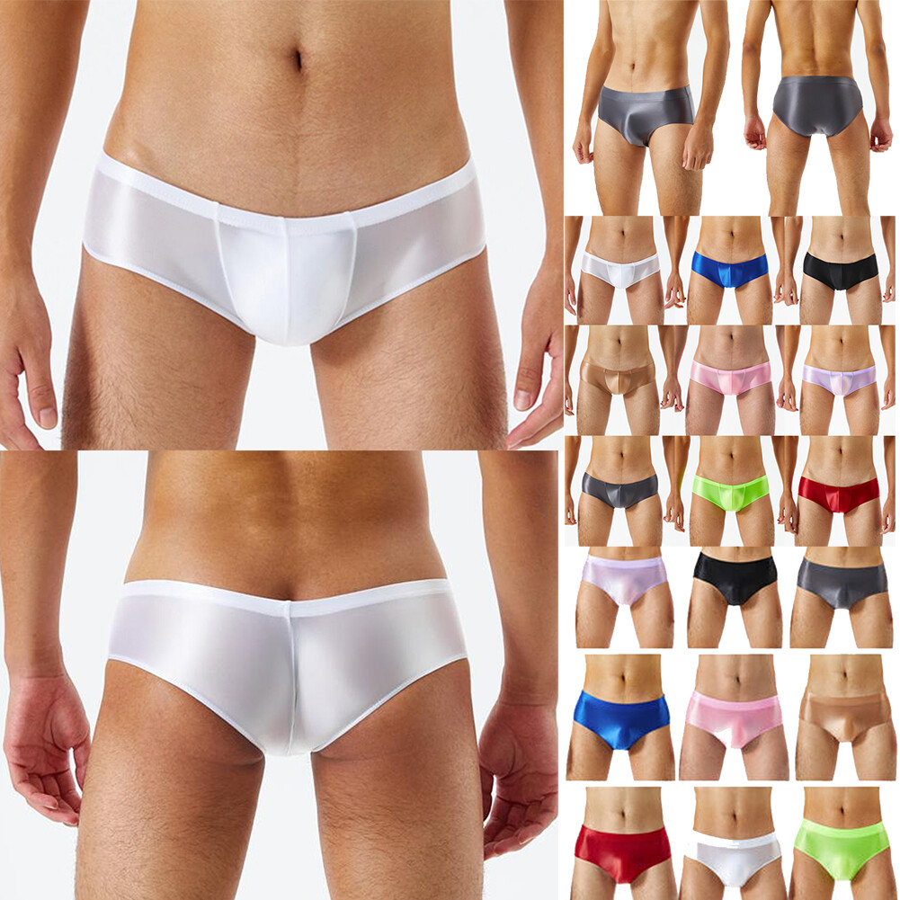 Men's Glossy Low Rise Bikini Briefs - Smooth Nylon Stretchy Underwear / Swimwear