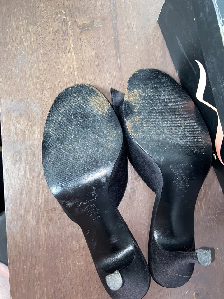 Zapatos de salón Nina para mujer negros brillantes satinados punta abierta talla 10 M lazo formal graduación Foto 4 de 4