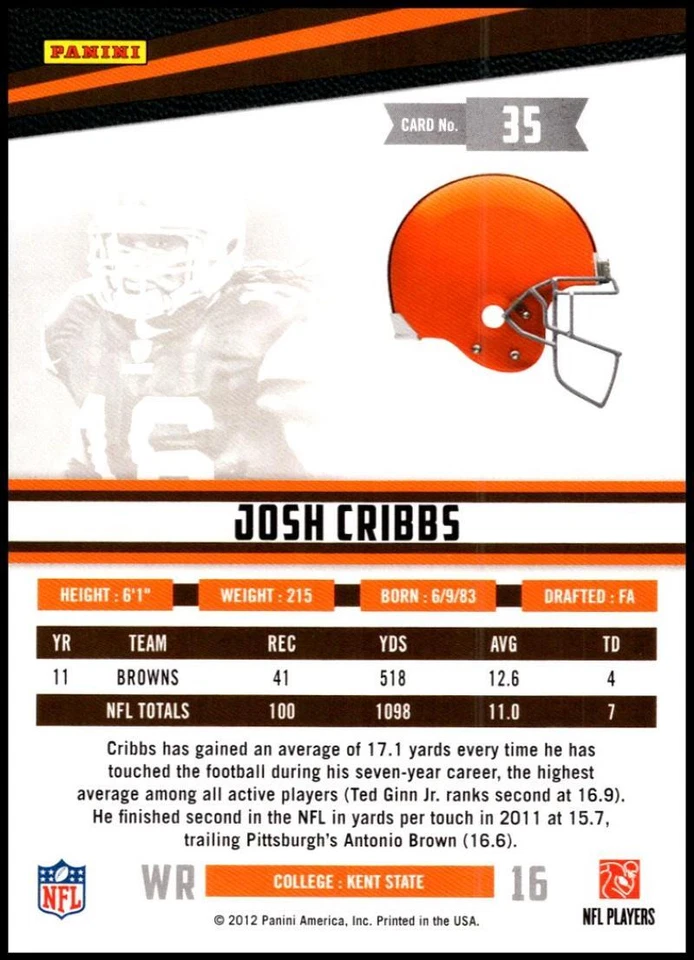 2012 Panini Rookies and Stars #35 Josh Cribbs Cleveland Browns Football Card - Image 2 of 2