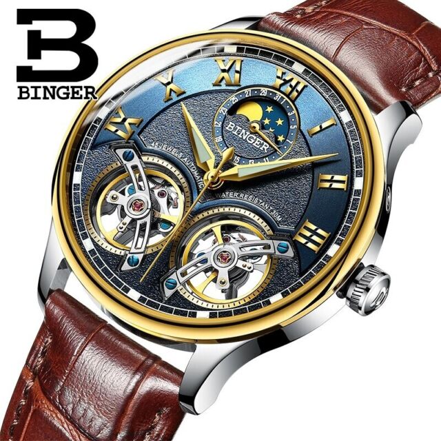 Binger Men Watch Double Tourbillon Automatic Mechanical Waterproof Luxury Watch