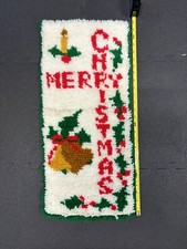 Vintage Completed Latch Hook MERRY CHRISTMAS Holiday Wall Hanging Rug Bell 27x12