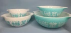 PYREX Vintage Amish Butterprint Turquoise White Cinderella Mixing Bowl Set