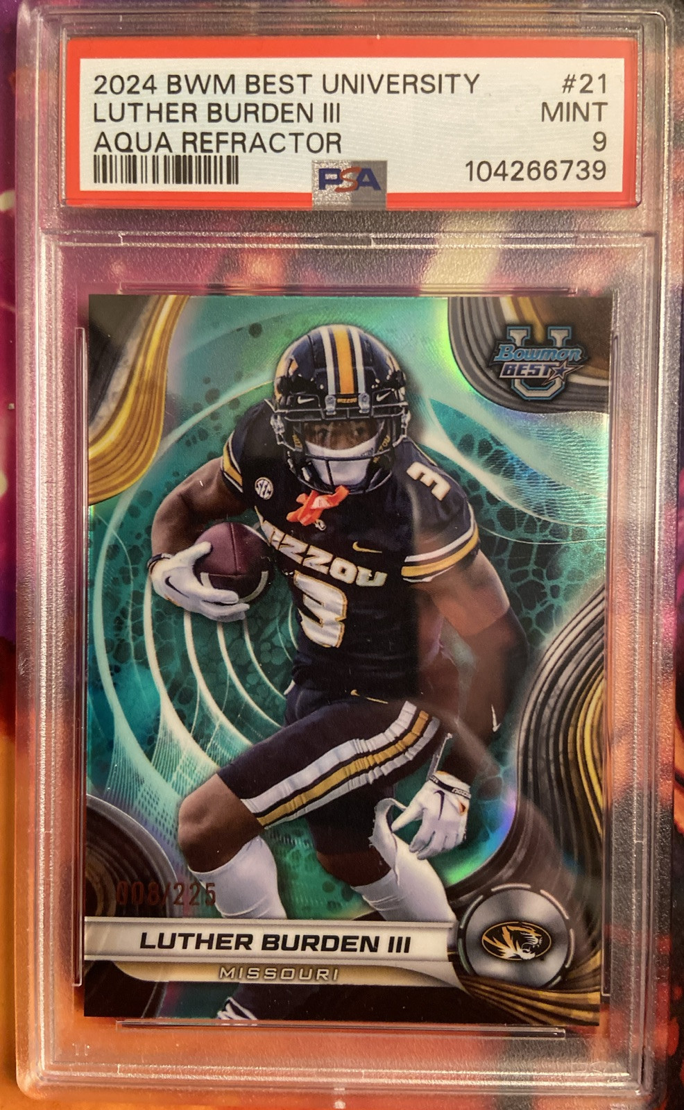 2024 BOWMAN BEST UNIVERSITY #21 RC LUTHER BURDEN III /225 AQUA REFRACTOR PSA 9