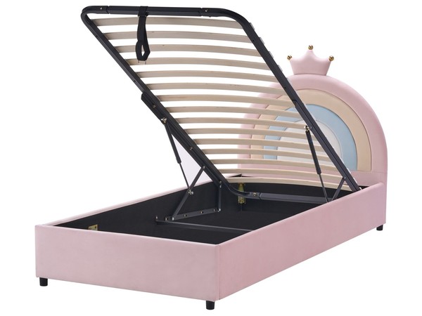 Kinderbett Samt Rosa Mit Bettkasten Lattenrost 90X200 Cm Hohes Kopfteil Grisetot-image
