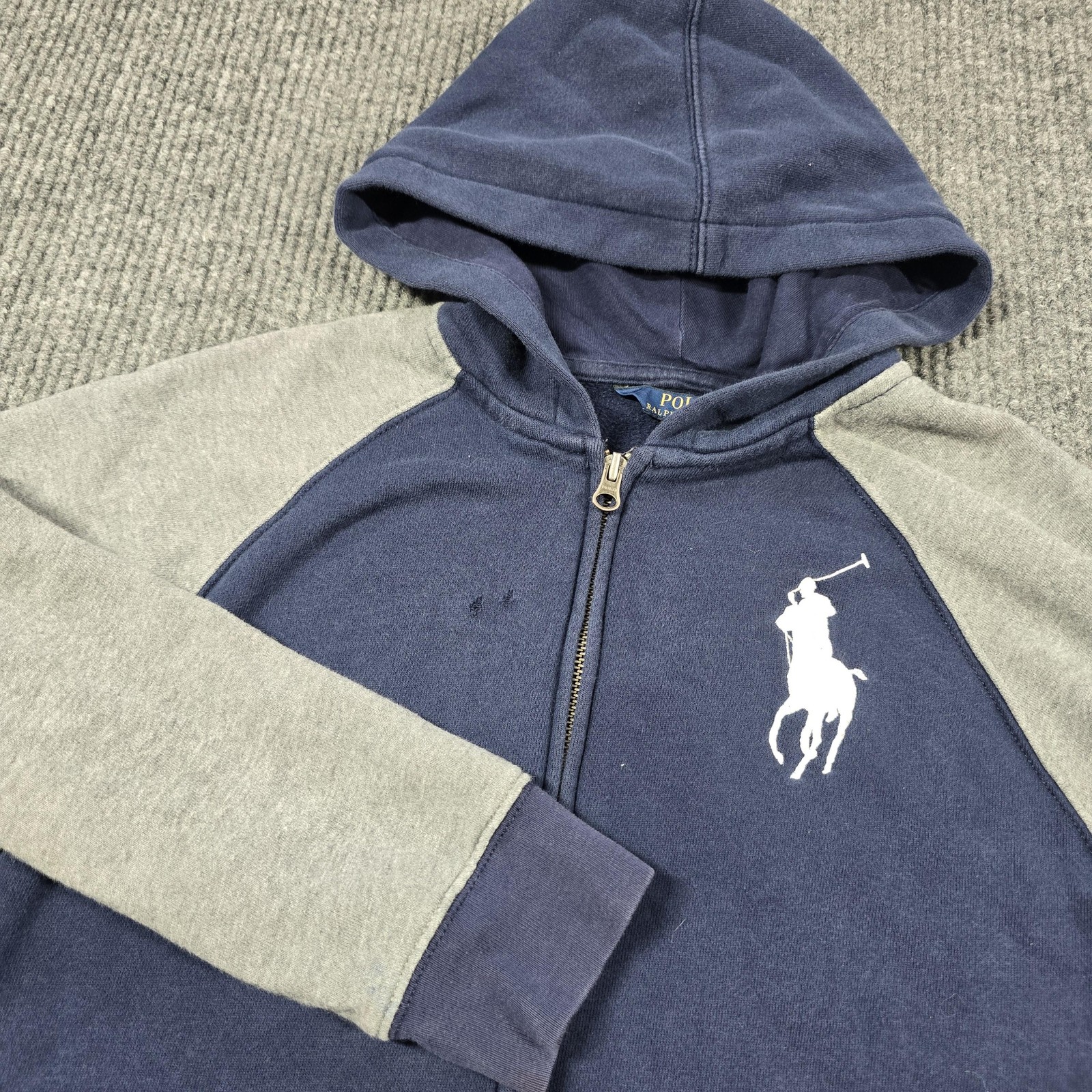 Polo Ralph Lauren felpa con cappuccio giovane grande 14 16 blu grigio full zip grande pony jacket