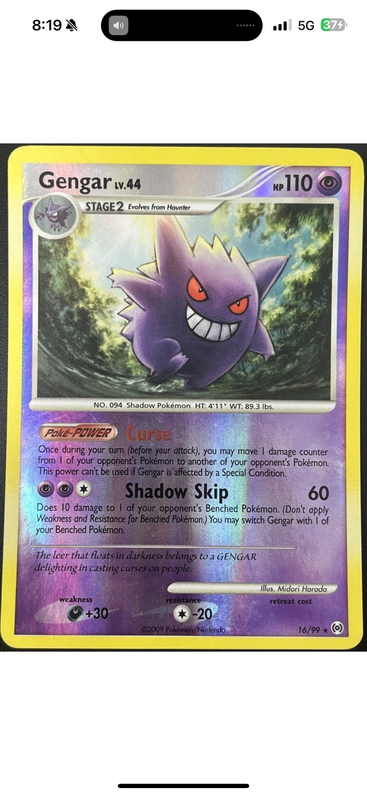 Gengar 16/99 Platinum Arceus Reverse Holo Rare Pokemon Card TCG LP