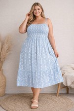 Ellos Boho Blue Smocked Midi Dress Size 26 Plus Size Strappy Flowy Summer