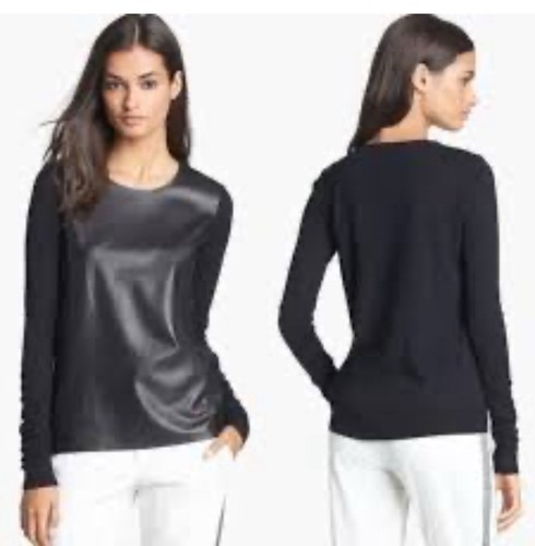 Vince Black Lamb Leather Wool Long Sleeve Crew Neck Sweater Women's Size Small