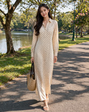 H&M HM Ivory Cream Black Polka Dot Soft Satin Maxi Shirt Dress