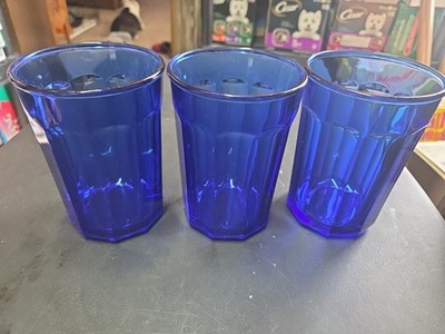 Set of 3 Luminarc 500 Cobalt Blue Glasses - 10-Panel Vintage, Made in France