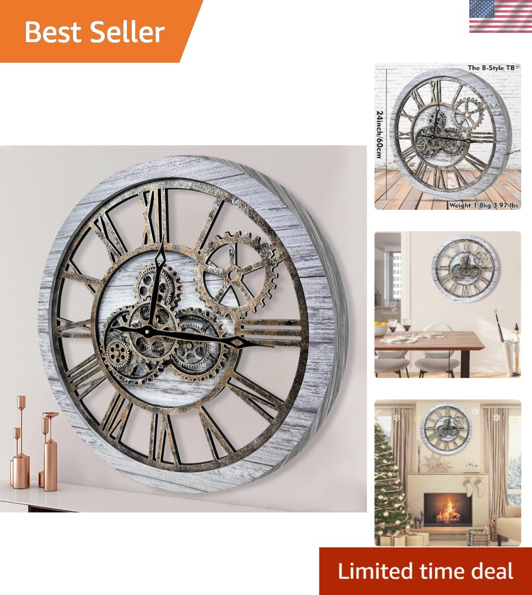 Unique 24 Inch Moving Gear Clock - Stunning Vintage Styling 