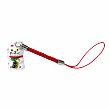 Japanese Maneki Neko Lucky Cat Bell Netsuke Strap Keychain White Good Luck