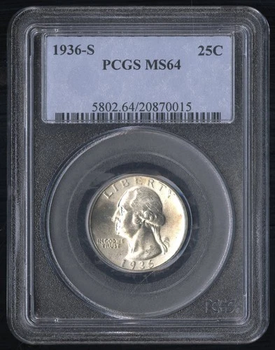 US Coin 1936 S  Washington Silver Quarter PCGS MS64 25C NO RESERVE!