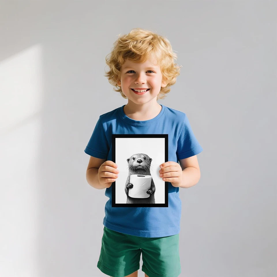 Arte de pared en lienzo de baño blanco y negro enmarcado, divertido corte de decoración de baño de animales Foto 2 de 4
