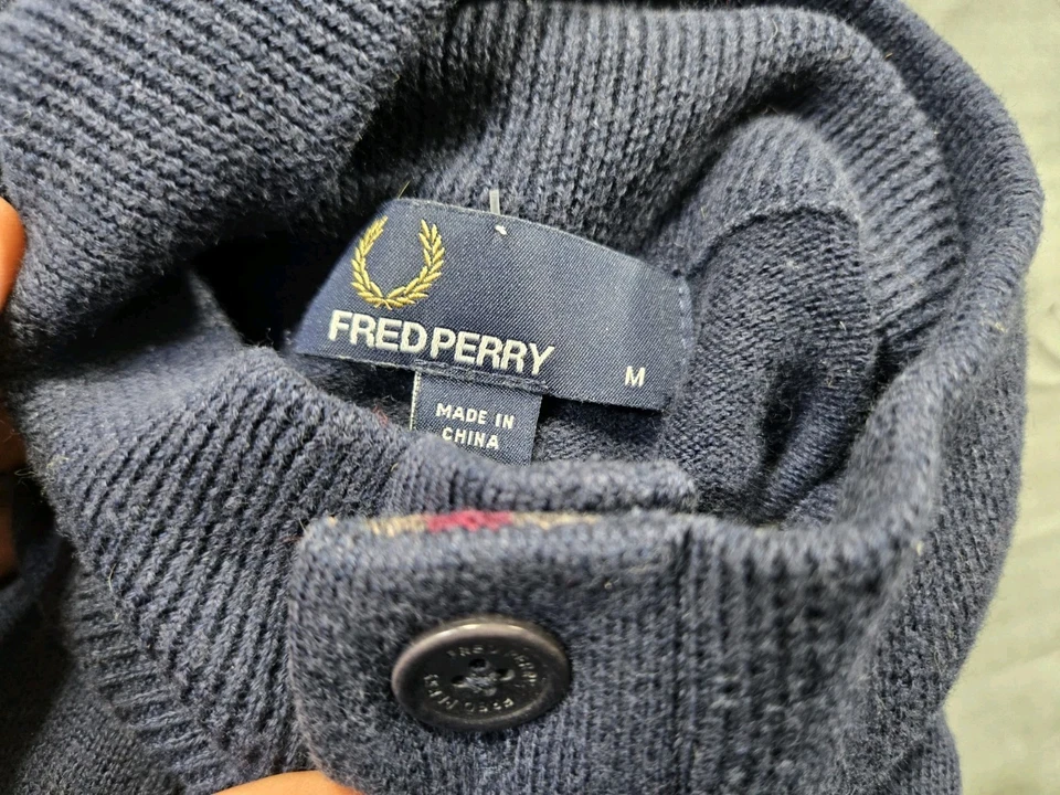 Fred Perry Sweater Mens Medium Blue Cardigan Wool Cotton Slim Fit Dark Navy - Image 3 of 4