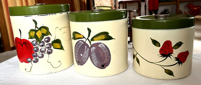 Fred Robert Heavy Plastic Hand Painted 3  Fruit Canisters Missing Flour Canister