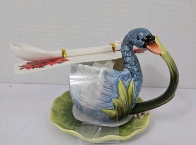 New Corner Ruby Swan And Lotus Teacup With Spoon Rare Gray Blue Swan 