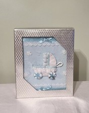 Vintage Baby Photo Album Keepsake Boy Blue Fabric Covered Lace Ribbon Pram