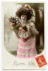 c 1910 Glamor Glamour ELEGANT LADY w/ Flower Bouquet French photo postcard
