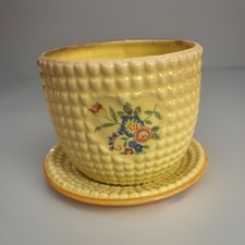 Maceta japonesa amarilla Tashiro Shoten vintage con corazón platillo anterior a la Segunda Guerra Mundial