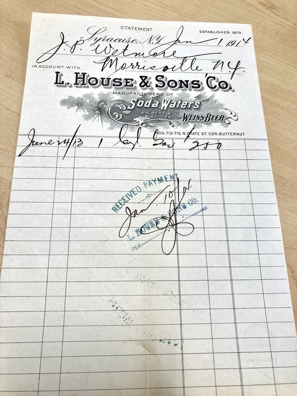 LEWIS HOUSE WEISS BEER PREPRO BREWERY SODA WATER SYRACUSE MORRISVILLE NY 1914