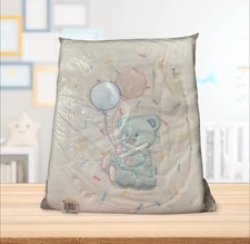 Vtg Quiltex White Satin Trim Baby Blanket Pink  Blue Teddy Bear with Balloons