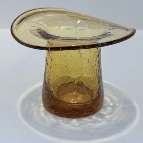 Amber Hand Blown BLENKO Crackle Glass Hat with Wavy Brim and with Pontil Mark