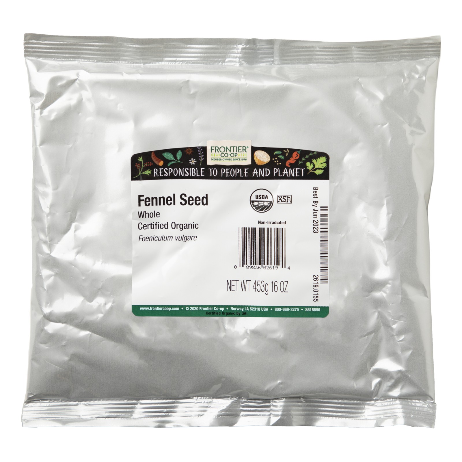 Frontier Natural Products Organic Whole Fennel Seed 16 oz 453 g Kosher, Organic