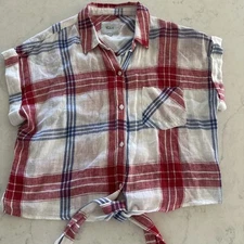 Rails Amelie Carmine Blue Red Plaid Linen Patriotic Tie Front M Short Sleeve