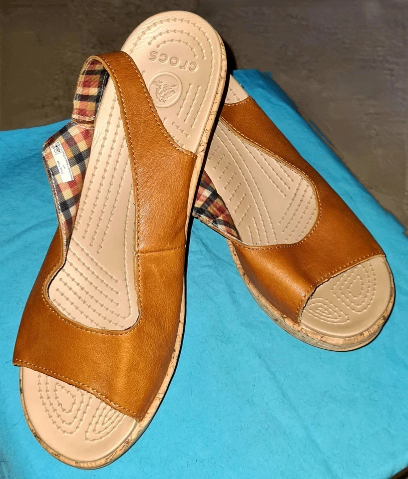 Crocs A Leigh Cork Wedge Sling Back Peep-Toe Brown Leather Sandals, Women's  - image 2 of 4