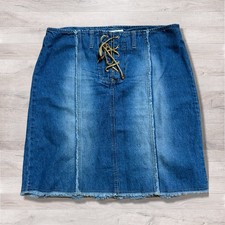 Vintage FADED GLORY Lace-Up Fly Blue Denim Skirt Sz 14 Fray Trim Boho Western