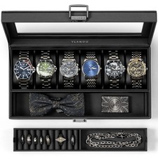 Vlando 6-Slot Watch Case for Men, Watch Box with Glass Lid, Storage for Rings...