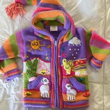Peruvian Hooded Sweater Alpaca Wool Blend Full Zip Embroidered 2T