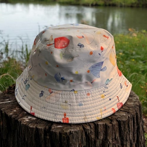 Sombrero de cubo de moda azul bebé estampado de setas caprichoso artesanal boutique OSFM - Imagen 8 de 8