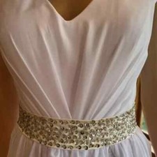 *White Chiffon Sleeveless Beads Waist Lace Slit Wedding Gown Bridal Dress Size 6