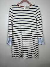SEA NY Striped Eyelet Long Sleeve Shift Dress Women L Stretch Cotton Scoop Neck