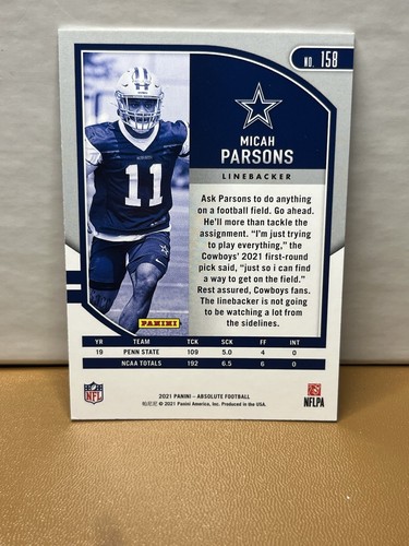 MICAH PARSONS #158 RC 2021 PANINI ABSOLUTE COWBOYS - Picture 2 of 8