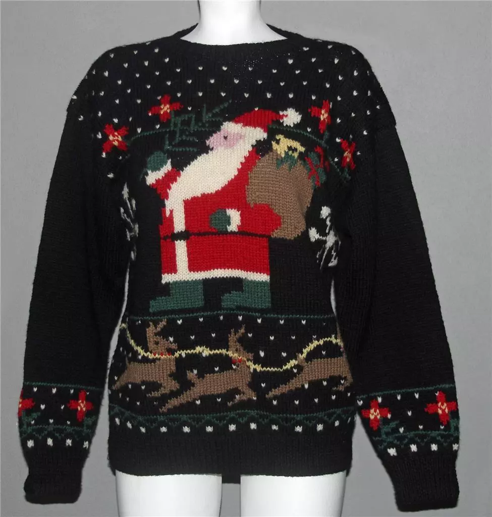 VTG Nordstrom Christmas SANTA Reindeer Snowflake Black Wool Sweater Wm s S M