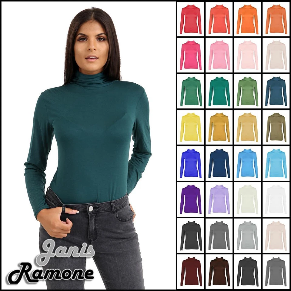 JANISRAMONE Womens Polo Neck T-Shirt Long Sleeve Stretchy Casual Basic Plain High Neck Top