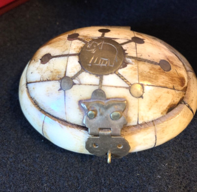 Rare 1970s Camel Bone Trinket Jewelry Box w/Brass Clasp, Velvet Inlay Handmade