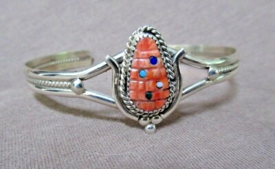 Zuni 925 Silver & Coral Small Cuff Corn Bracelet by Beverly Etsate JB0173