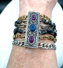 Lucky Brand Bracelet Cuff Multi Strand Chain Rhinestone Magnetic 7.5" Unisex 