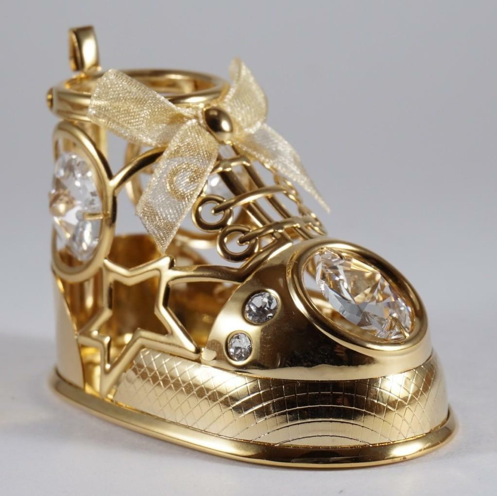 Baby's First Shoe 24K Gold Plated / Clear Austrian Crystal Gold Bow Figure New