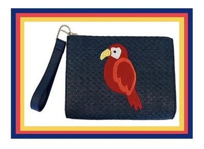NEW Talbots Embroidered Parrot Navy Blue Woven Straw Clutch Wristlet